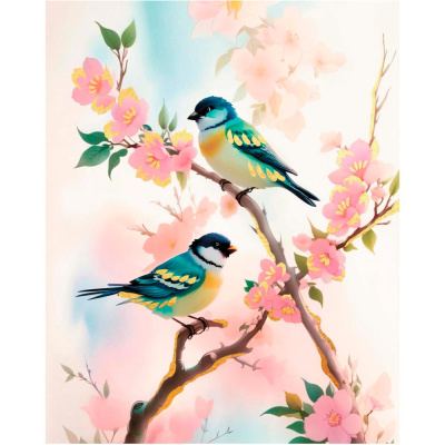 Картина по номерам по ном с золотой поталью Две синицы на сакуре Рыжий кот Х-4236 1